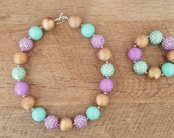 Unicorn Chunky Necklace, Mint Purple Chunky Necklace, Baby Necklace, Bubblegum Bead Necklace, Unicorn Birthday, Cake Smash Necklace