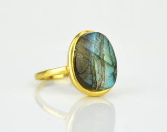 Rough Labradorite ring - blue labradorite gold ring, bezel set ring, statement ring, labradorite jewelry, raw stone ring, large oval ring