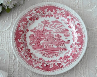 Wood & Sons dish pink red white SEAFORTH transfer ware/Enoch Eisenstein porcelain plate from Burslem England
