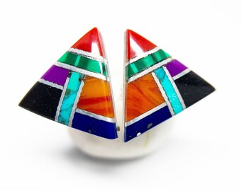 Intarsia Multi Gemstone . 10mm Triangle . Sterling Silver Posts Studs Earrings . Minimalist Rainbow Posts . Free Shipping . E17018