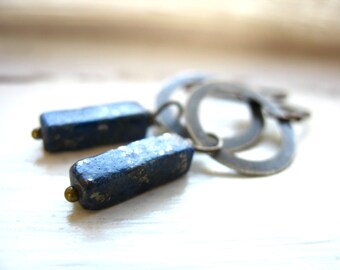 Lapis Lazuli Antiqued Brass Infinity Hoop Chandelier Dangle Drop Earrings, Handmade Artisan Gemstone Earrings, Lapis earrings