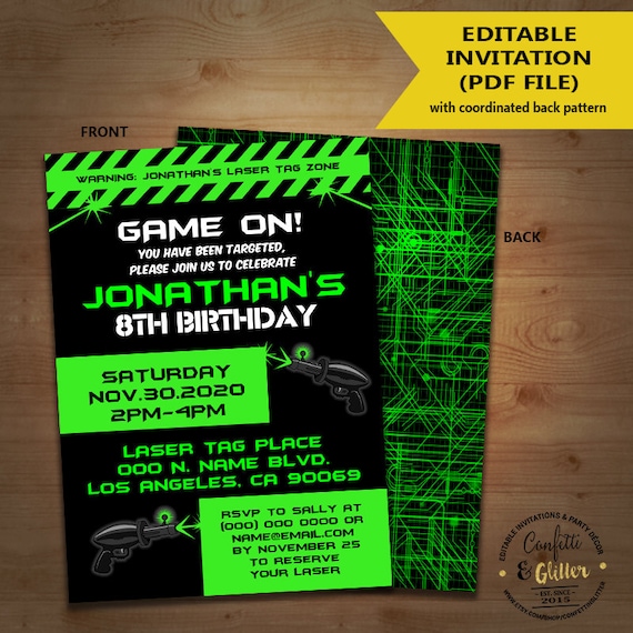 Laser Tag Birthday party invitation game on laser tag invite