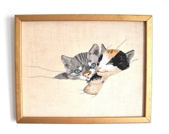 Vintage Framed Embroidered Cats