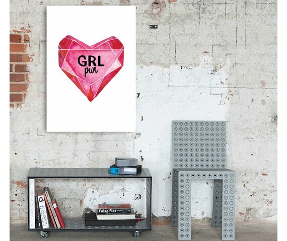 GRL PWR, Girl Power, Feminist Print, Ruby Heart, Diamond Art, Strong Women, Girl Room Decor, Dorm Art, Empower Women Art, Women Illustration
