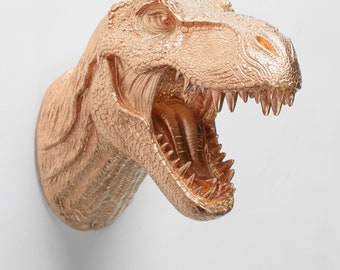 T Rex Head Dinosaur Wall Mount in Gold - The Wilbur Gold Resin T-Rex Wall Decor- Trex Dinosaur Decor by White Faux Taxidermy, Bedroom Art