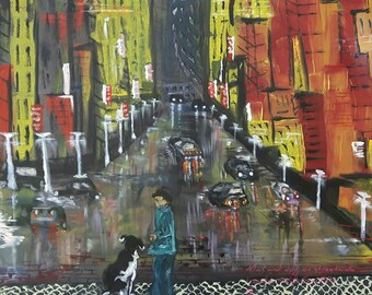 Digital D/Load Street art Graffiti Building Mural Man and dog in London in the Rain