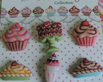 Dessert Buttons, Carded Buttons, "Decadent Desserts" SD104 by Buttons Galore, 6 Button Set, Cupcake, Pie, Shake and Cake Buttons