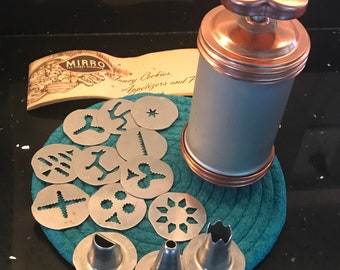 Vintage Mirro Cookie Press with plates/tips with original recipe book