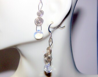 Opal Opalite Briolette Teardrop Earrings Sterling Silver Wire Wrap