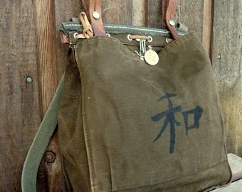 Vintage Canvas Military Bag Satchel ~ Kanji Peace Hand Painted