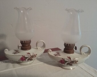 Vintage Japan Floral Aladdin Oil Lamp With Hurricane Glass