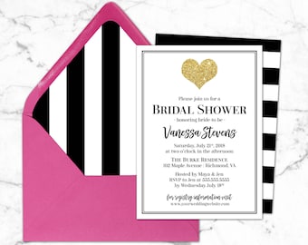 Black & White Bridal Shower Invitation- Printable Bridal Shower Invites- Gold Glitter Bridal Shower- Hot Pink and Gold Invitations- Stripe