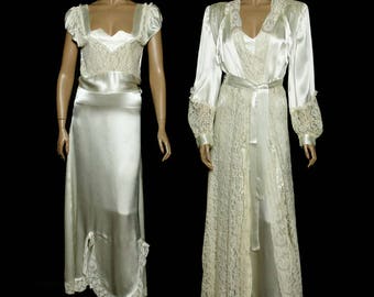 Vintage 1940s Gown//Matching Robe//Peignoir// Lace//Silk// Designer// Wedding//Lady Ellen Creations//Dressing Gown//40s Gown