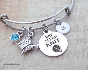Eat Sleep Knit Knitting Needle Yarn Charm Personalized Hand Stamped Initial Birthstone Antique Silver Knitting Charm Stainless Steel Bangle