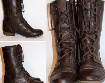 Brown Leather Boots Lace Up Retro Style, Size 7 M (24.5)