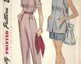 Simplicity 3223 / Vintage 50s Sewing Pattern / Pants Trousers Shorts Blouse Overblouse / Size 16 Bust 34