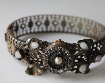 Project Piece, Vintage Bracelet, Rhinestone Center with Brass Filigree, Extra Large, Old, Jewelry, Craft, Repurpose, Flower