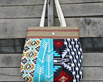 Scrappy Pleated Tote Bag, Everyday Purse, Arrows, Aztec, Tribal