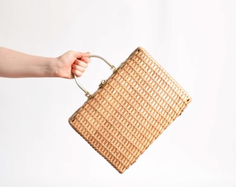 Vintage 1960s Wicker Tote 60s Natural Woven Handbag