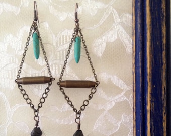 Indian metal, turquoise and chain dangy earrings