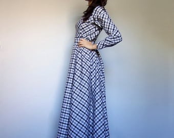 Holiday Dress Vintage Maxi Dress with Sleeves Plaid Dress 80s Floor Length Dress Gray Dress Long Sleeve Maxi Dress - Small to Medium S M