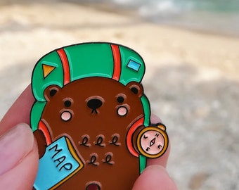 Travel bear enamel pin, going away gift for friend, adventure enamel pin, adventure gifts, gap year gift, adventure pin, bear pin, lapel pin