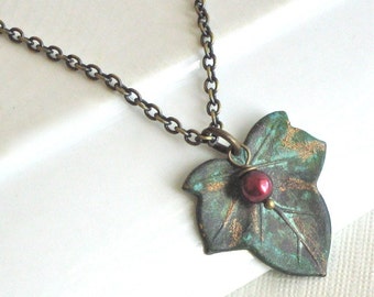Ivy Leaf Necklace - Verdigris Patina, Pearl, Leaf Jewelry