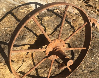 Vintage Rustic Metal Wheelbarrow Wheel Eight Spoke Wheel Rusty Patina Farmhouse Chic Rustic Decor