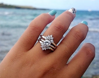 Sunburst Solitaire Wedding Ring Guard - Sterling Silver Ring Enhancer with .42ct Cubic Zirconia