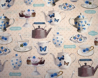 teacup fabric, cupcake fabric, tea time fabric, tea party fabric, quilting fabric, teapot fabric, cotton fabric, fabric by the metre