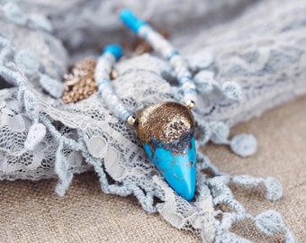 Copper dipped turquoise necklace, boho necklace with pendant, 14K gold necklace, Turquoise necklace gold pendant, bohemian jewelry