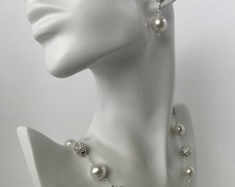 Bridal Jewelry Set, Alternating Pearl & Pave Crystal Ball Necklace with Post Earrings