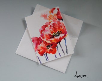 Watercolor Flowers Card.Hand Painted Watercolor Card, Red Poppies Watercolor Card