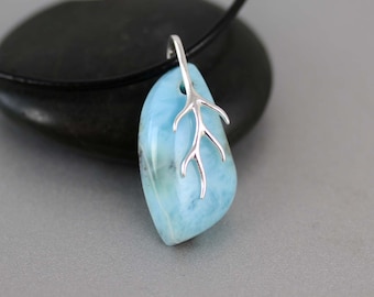 Larimar Stone Necklace - Sterling Silver - Larimar Necklace - Leather Cord