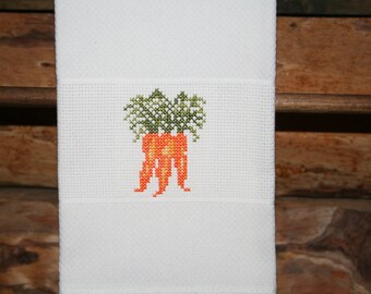 Cross Stitched Carrots on a Huck Towel. One of my Vegetable Motifs.
