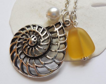Yellow Sea Glass Necklace, Charm necklace, Pearl, Silver Nautilus, bridesmaid necklace, beach wedding. FREE SHIPPING within the U.S.