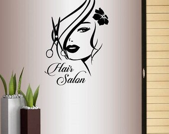 Wall Vinyl Decal Home Decor Art Sticker Hair Salon Logo Girl with Stylish Hair Scissors Haircut Hair Dresser Removable Mural Design 1754