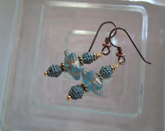 Aqua Blue Gold Washed Star Czech Glass *Sale* Earrings with Mykonos Copper and Niobium Ear Wires; Interesting Pretty Celestial Earrings