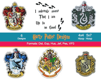6 Harry Potter Machine Embroidery Designs, Hogwarts, Ravenclaw, Hufflepuff, Gryffindor, Slytherin, Instant Download