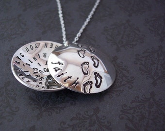 Hand Stamped Pendant FOOTPRINTS in the SAND Sterling Silver Locket Style necklace