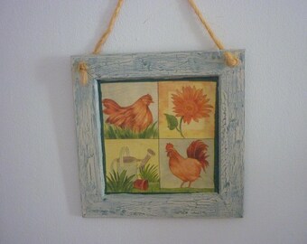 Country chic "hens and roosters in the garden setting