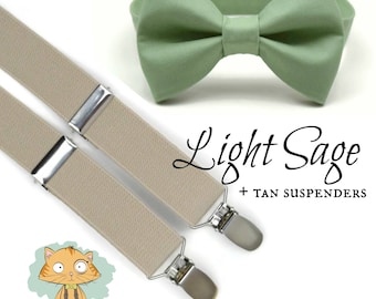 Light Sage Bow Tie, Tan Suspenders, Toddler Suspenders, Baby, Boys, Kids, Teen, Adult, Mens Suspenders, Ring Bearer Gift, Groom, Green