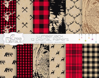 Rustic lumberjack buffalo plaid - 12 wild woodland digital papers - DIRECT DOWNLOAD