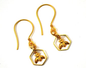 Bee Earrings, Insect Earrings, Insect Jewelry, Honeybee Earrings, Bee Jewellery, Honeycomb Earrings, Gold Earrings, Drop Earrings