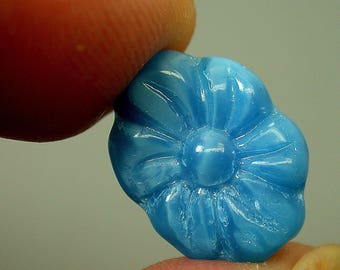 Vintage German GLASS FLOWER Beads Blue Oval 15mm pkg2 gl732