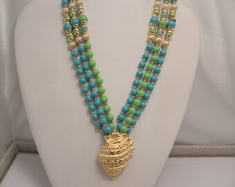 Vintage Retro Signed Gay Boyer Blue & Green Torsade Sea Shell Necklace