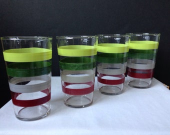 Federal Glass - Striped Tumblers - Chartreuse Green Gray Burgundy - Set of Four