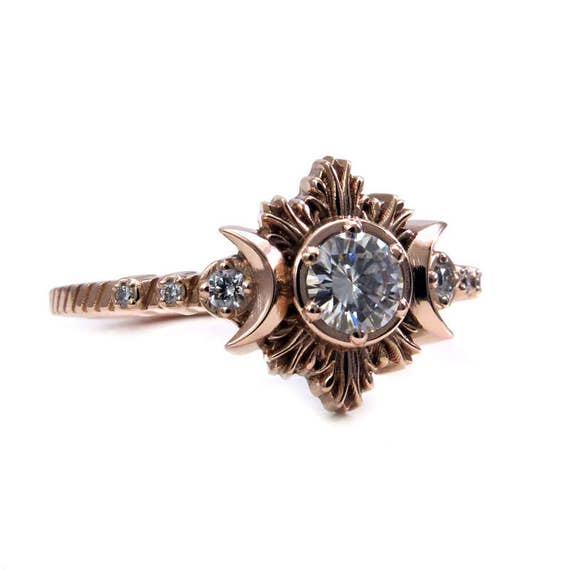 Diamond Moon and Stars Boho Engagement Ring - 14k Rose Gold Moon Phase Wedding Ring
