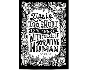 A3 Art Print 'Life is Short' - Hand lettering, typography, black and white art, illustration