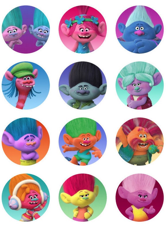 Trolls inspired cupcake toppers or stickers favor tags digital